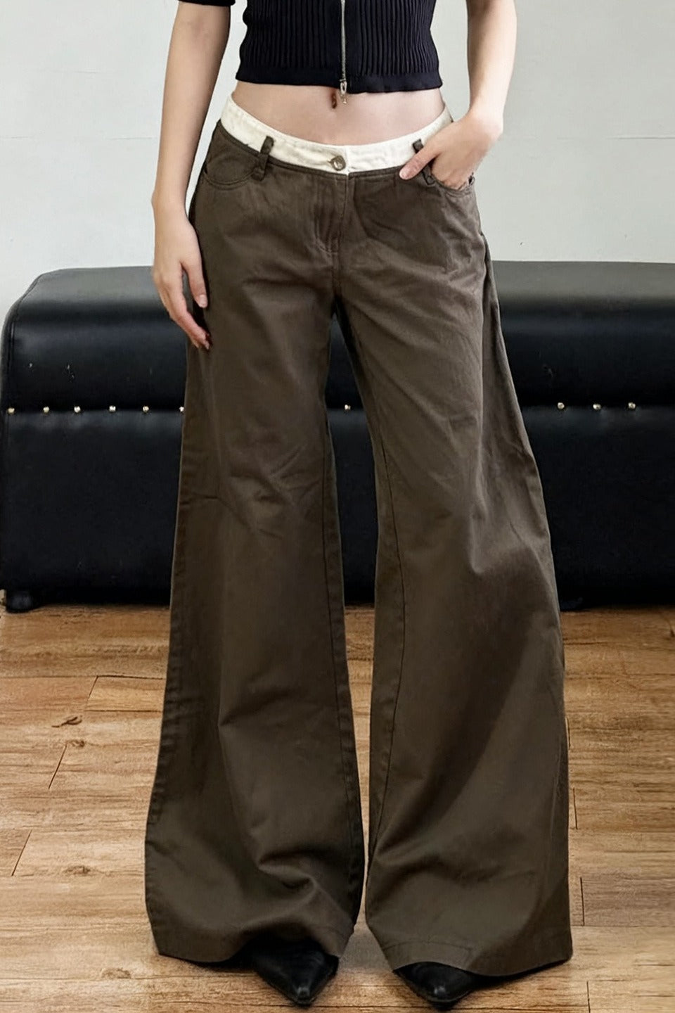 Retro Contrast Waistband Colorblock Wide Leg Jeans