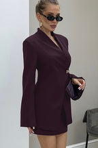 V Neck Long Sleeve Fitted Two Piece Blazer Skirt Set
