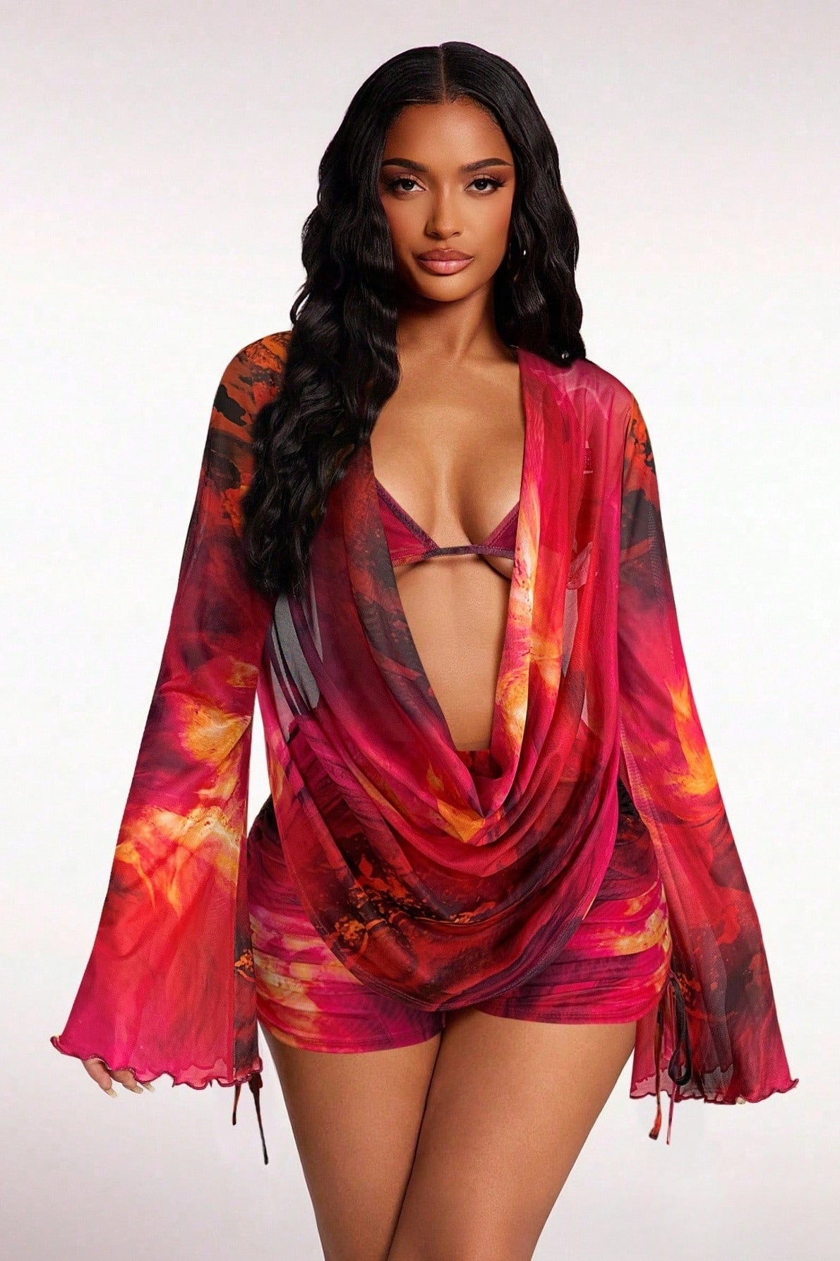 Artistic Print Tie Mesh Three Piece Swim Set