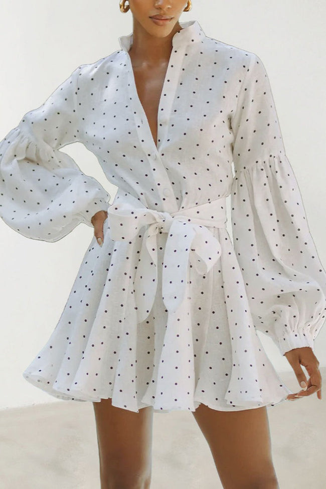 Polka Dot Lantern Sleeve Tie Mini Dress Main image