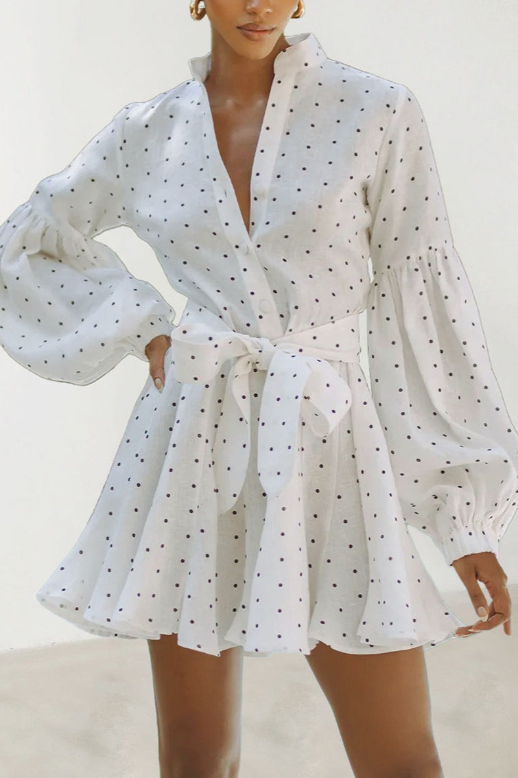 Polka Dot Lantern Sleeve Tie Mini Dress Main image
