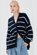 V Neck Striped Cotton Sweater S / Black