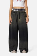 Washed Plaid Patchwork Double Waist Low Rise Pants