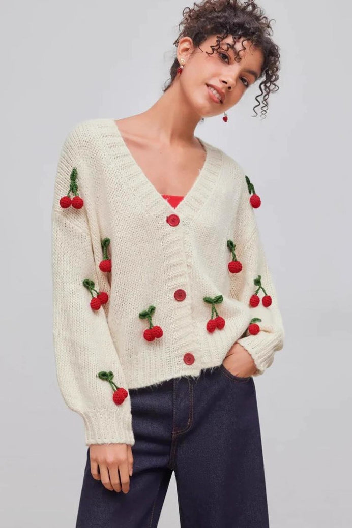 Cherry Embroidered Knit Cardigan Sweater
