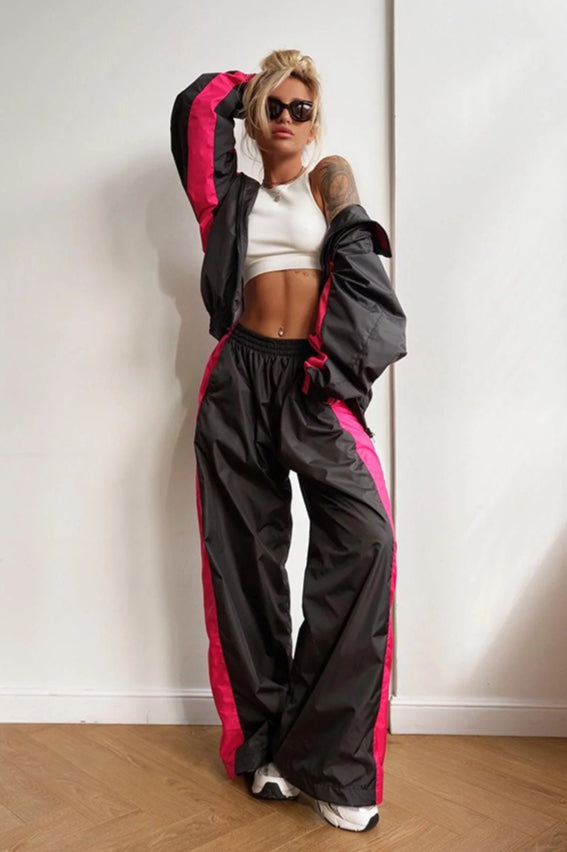 Contrast Trim Zip Jacket Two Piece Set