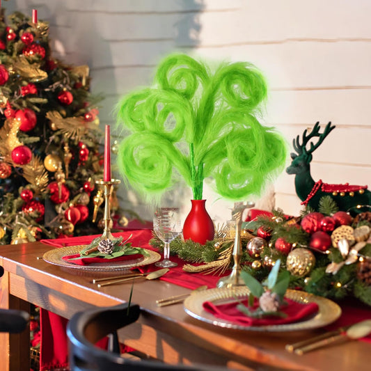 Green Furry Christmas Tree Topper and Picks Set - 6 Pieces, 17 Inch - Ideal for Holiday Decor, Wreaths, and Vases