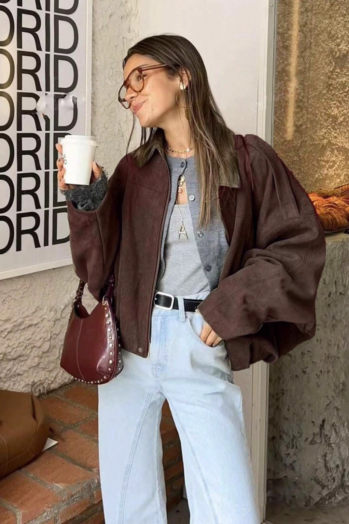 Batwing Sleeve Bomber Jacket S / Brown Main image