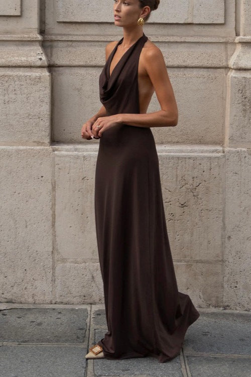 Brown Halter Backless Maxi Party Dress Secondary image