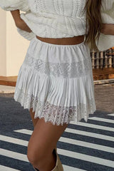 Solid Balletcore Pleated Lace Trim Mini Skirt