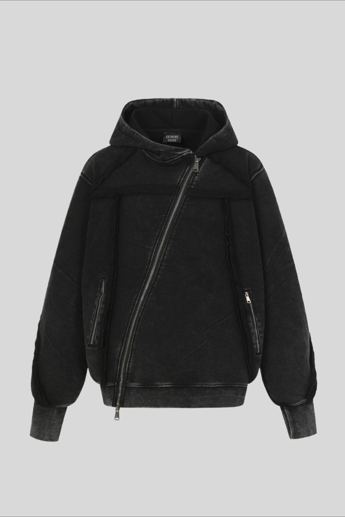 Deconstructed Seam Zip Pocket Pullover Hoodie