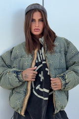 Vintage Washed Cross Embroidery Puffer Jacket