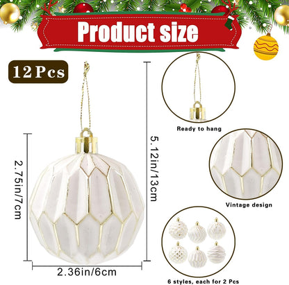 Vintage Farmhouse Christmas Tree Ornaments - White and Gold Distressed Hanging Balls