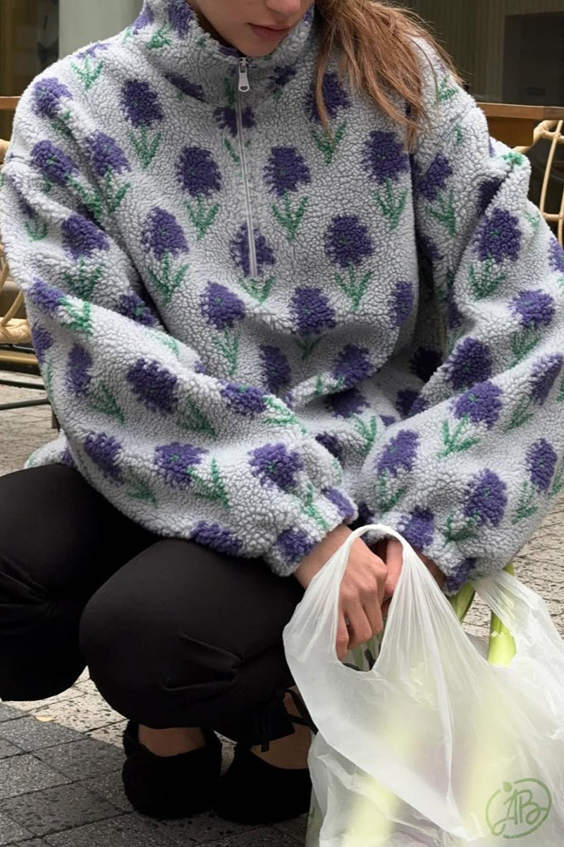 Floral Sherpa High Neck Half Zip Sweatshirt