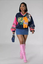 Patchwork V Neck Oversized Sweatshirt