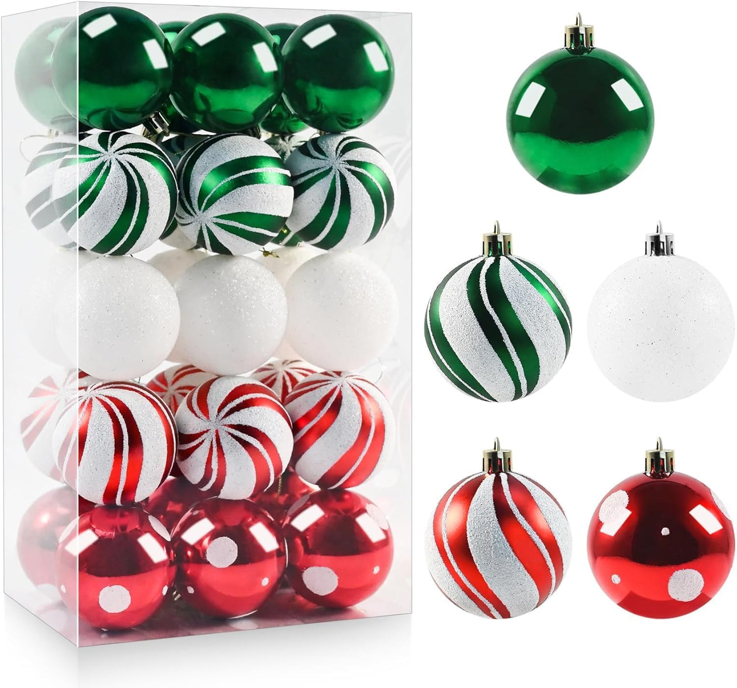 Shatterproof Christmas Ornaments - Red Green White - 16PCS - 2.36" - Xmas Tree Decoration