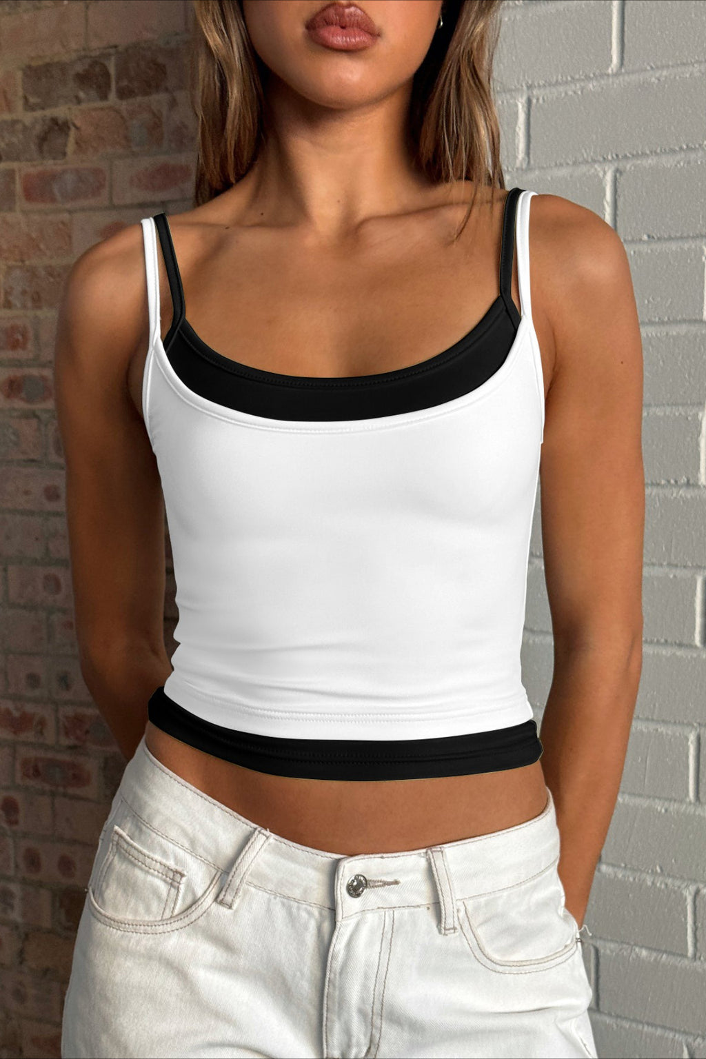 Faux Two Piece Spaghetti Strap Sexy Tank Top