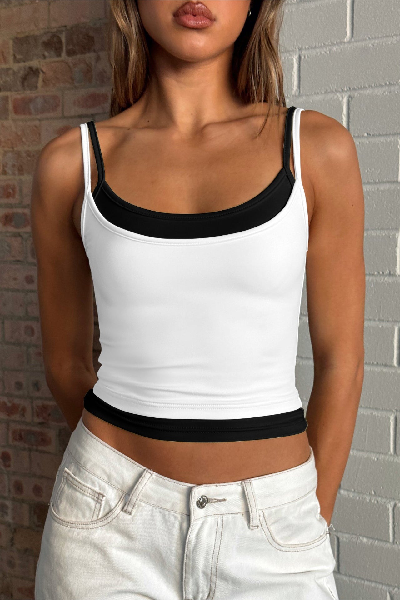 Faux Two Piece Spaghetti Strap Sexy Tank Top