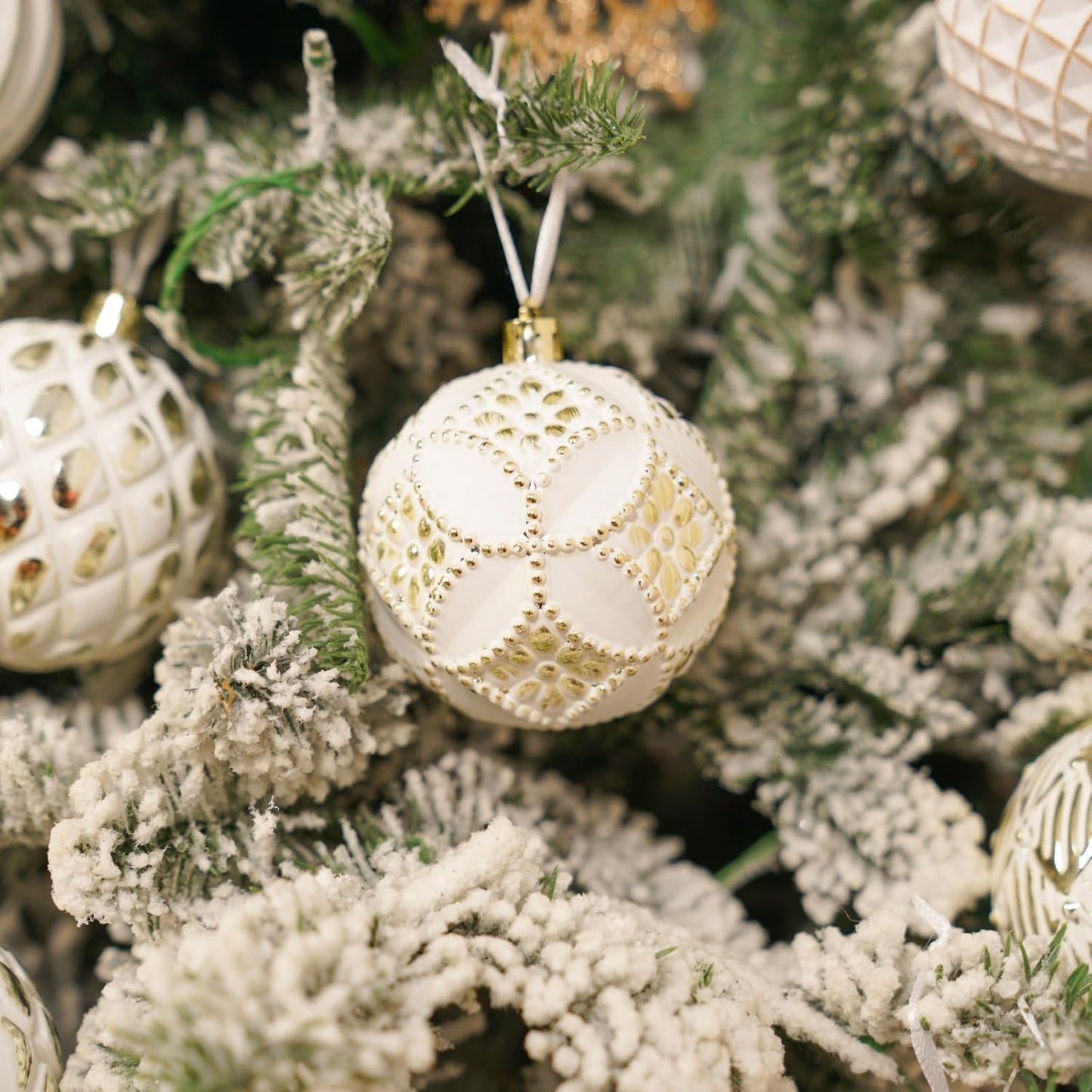 Rustic Christmas Ball Ornaments Set - Farmhouse Distressed Tree Decorations - Shatterproof Antique Style Xmas Hanging Ornaments - White Gold (12Pcs)