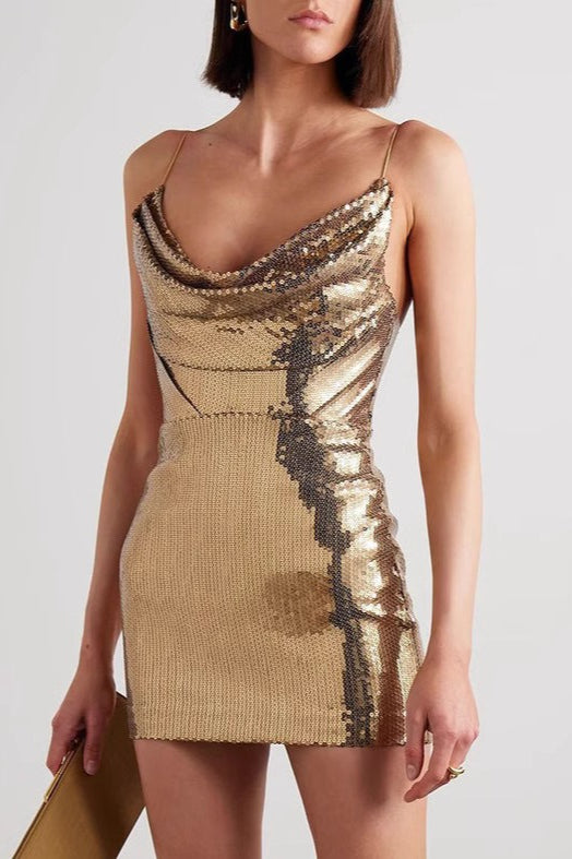 Gold V Neck Spaghetti Strap Mini Dress Main image