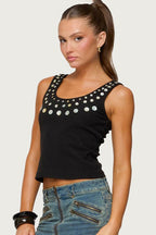 Sequin Button Ribbed Sleeveless Crop Top