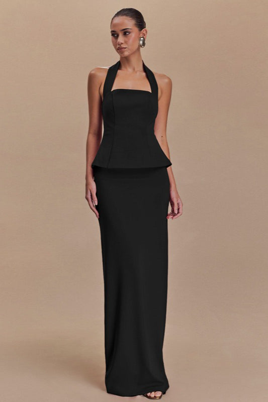 Solid Halter Backless Maxi Formal Dress