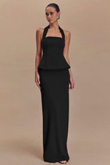 Solid Halter Backless Maxi Formal Dress