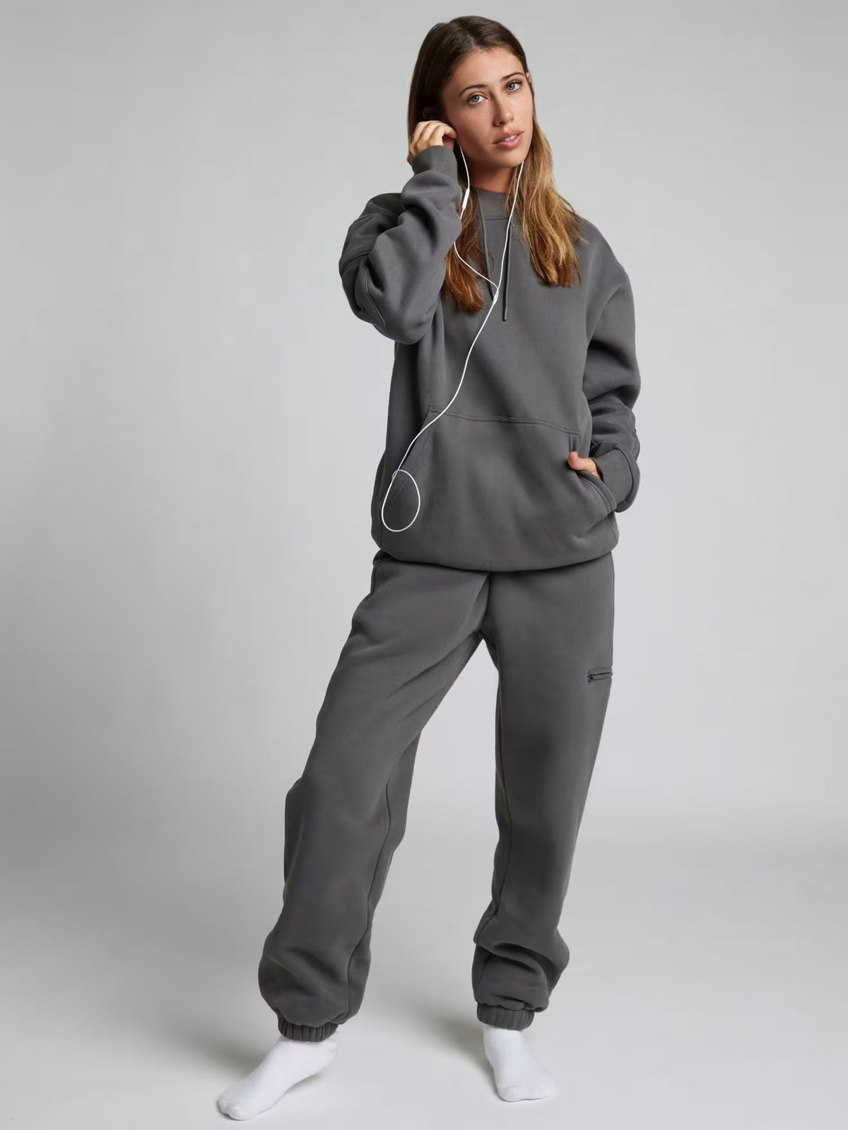Solid Eye Mask Hoodie Pants Two Piece Set