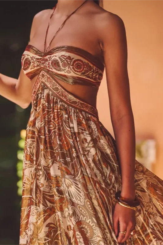 Strapless Lace Up Pleated Boho Dress Brown / S Main image