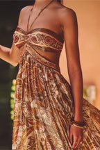 Strapless Lace Up Pleated Boho Dress Brown / S