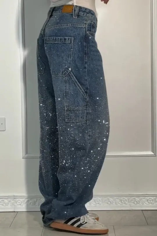 Allover Rhinestone Washed Wide Leg Jeans Secondary image