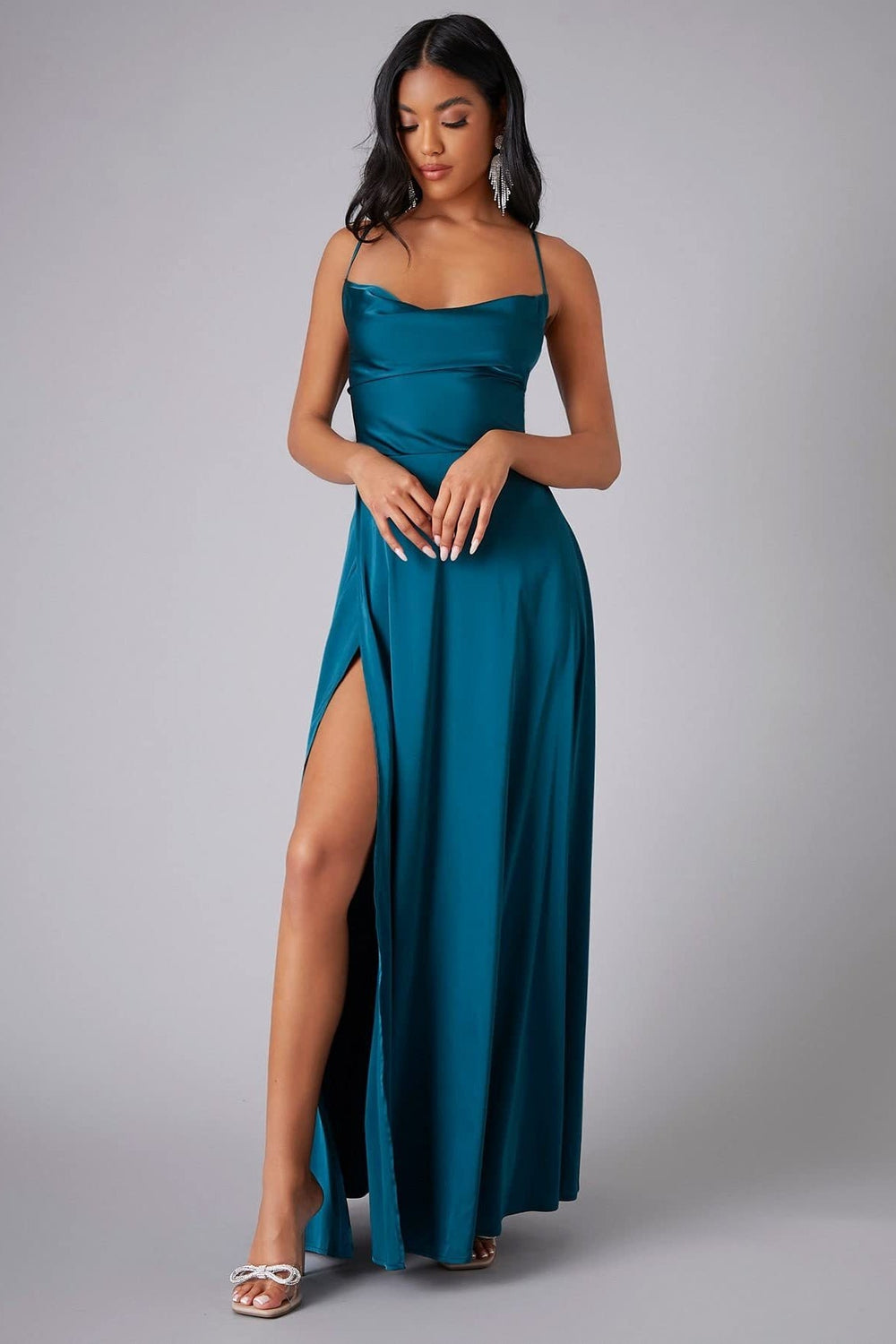 Elegant Spaghetti Strap Ruched Formal Dress S / Blue