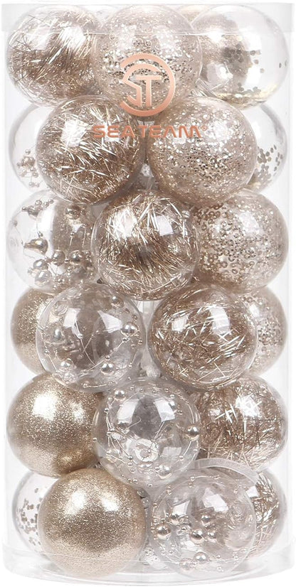 24 Count Shatterproof Clear Plastic Christmas Ball Ornaments with Gold Decorations