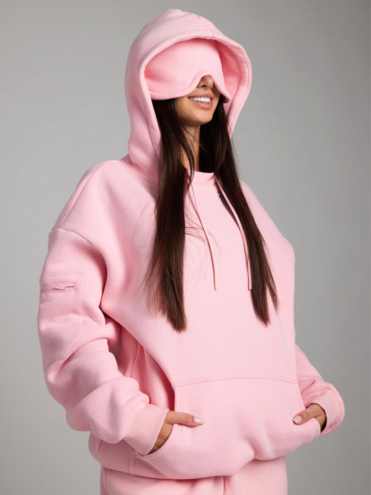 Solid Eye Mask Hoodie Pants Two Piece Set