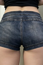 Three Button Panel Distressed Low Rise Denim Shorts