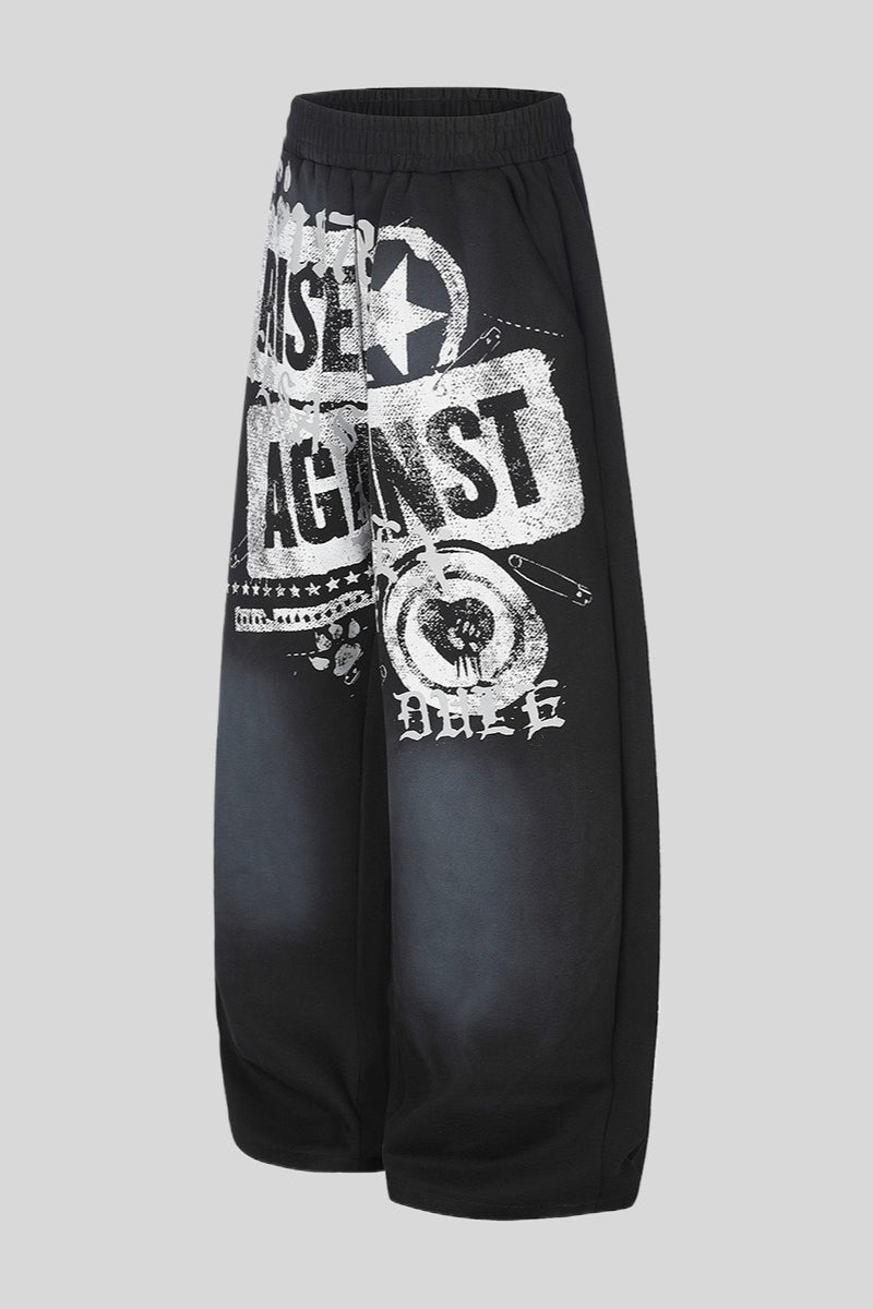 Distressed Typography Barrel Leg Pants