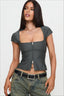Vintage Square Neck Two Way Zip Stripe Crop Top