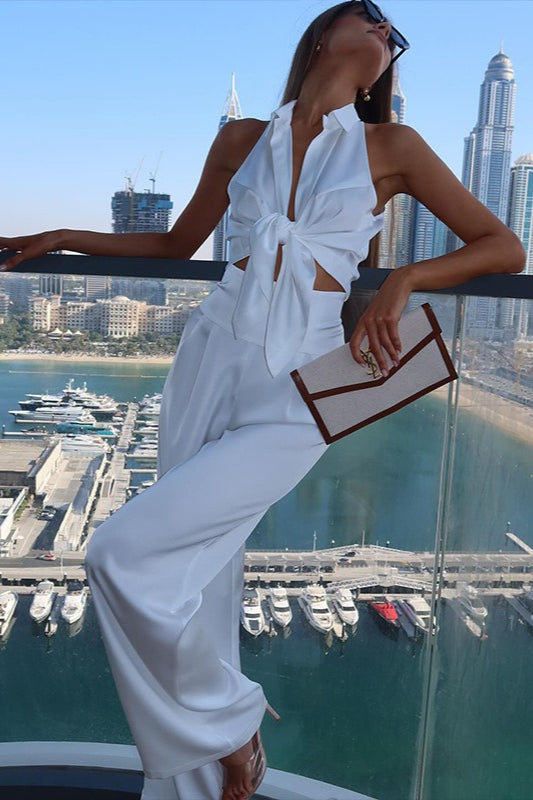Satin Lapel Tie Front Top High Waist Pants Set Secondary image