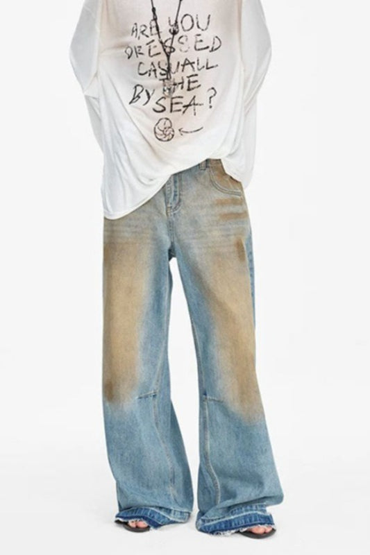 Distressed Dirty Wash Relaxed Straight Jeans
