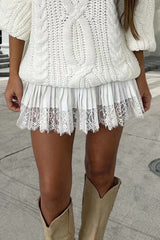 Solid Balletcore Pleated Lace Trim Mini Skirt