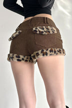Leopard Faux Fur Patchwork Low Rise Corduroy Shorts