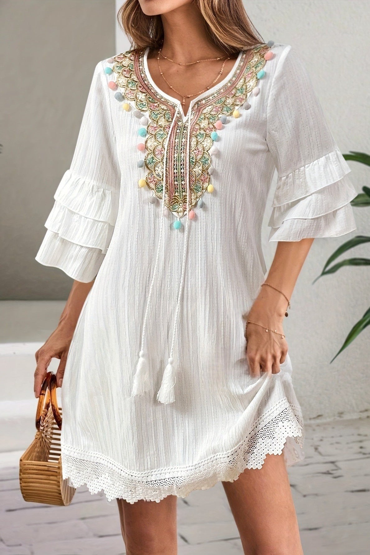 Tassel Pom Pom Ruffle Sleeve Lace Detail Boho Dress Main image