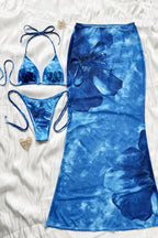 Blue Tie Dye Print Beach Three Piece Swim Set