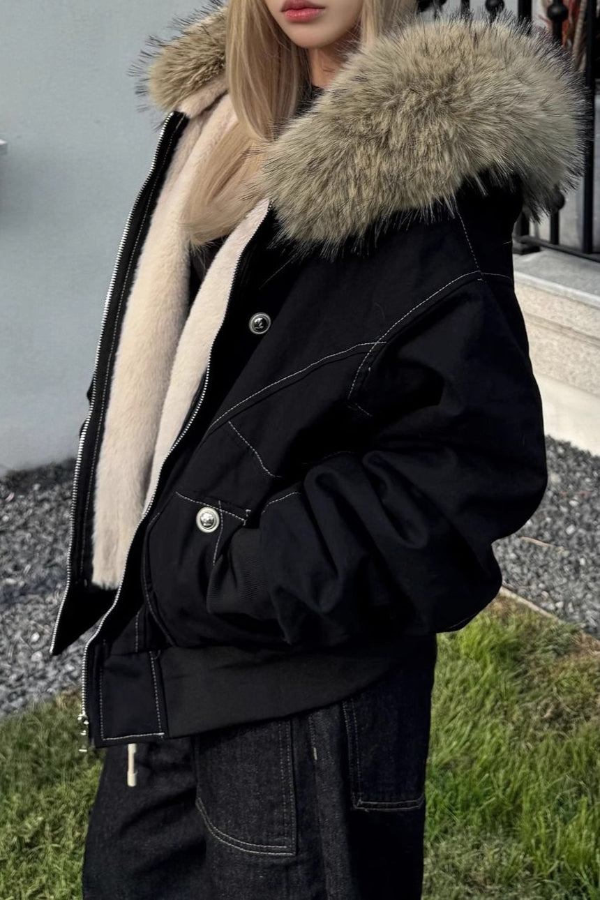 Black Short Puffer Fur Collar Jacket Secondary image