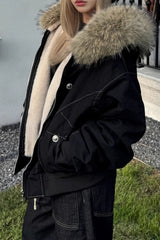 Black Short Puffer Fur Collar Jacket