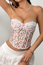 Floral Embroidery Boned Sheer Corset Tube Top