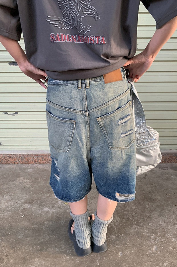 Distressed Frayed Hem Mid Length Denim Shorts Secondary image