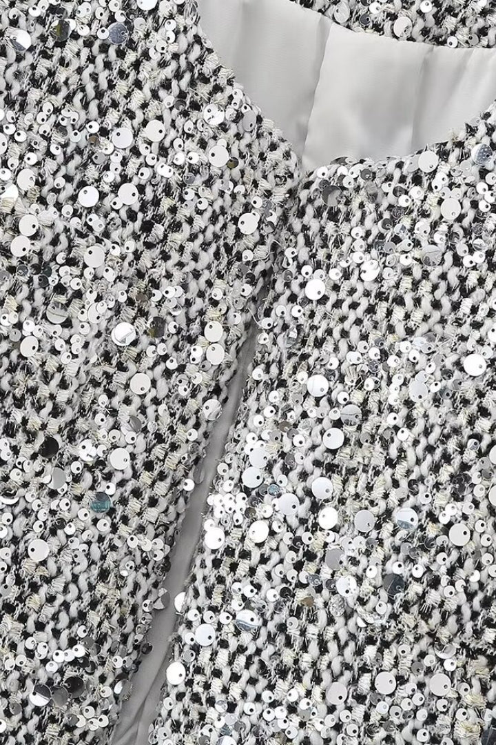 Solid Crew Neck Sequin Tweed Jacket