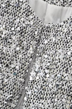 Solid Crew Neck Sequin Tweed Jacket