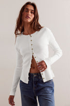 Solid Color Ribbed Cardigan S / White