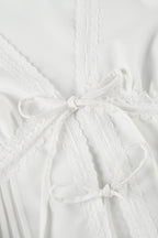 Lace Paneled Ruched Puff Sleeve Tie Blouse